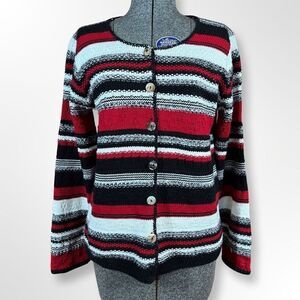 Vintage Reba Rose Made in New York Black White and Red Striped Knitted Cardigan